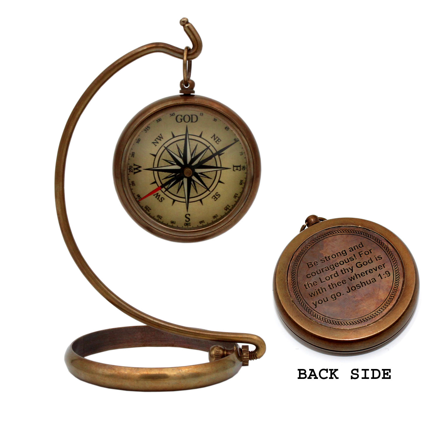 Engraved Compass Case Brass Antique Pocket Compass '' Be Strong and Courageous 