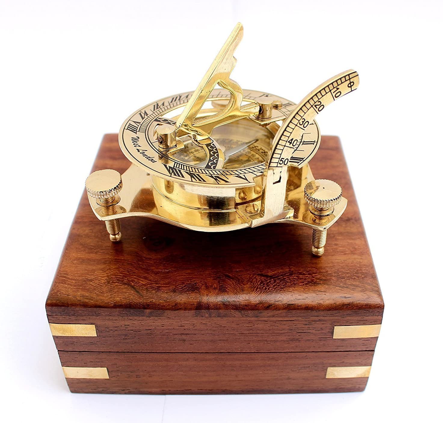 Vintage Brass Golden Maritime West London Sundial 3" Compass With Wooden Box