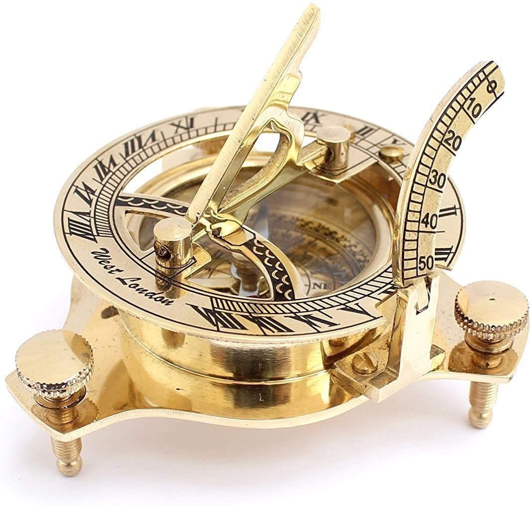 Antique vintage brass maritime sundial compass 3" nautical decor w/ leather case 