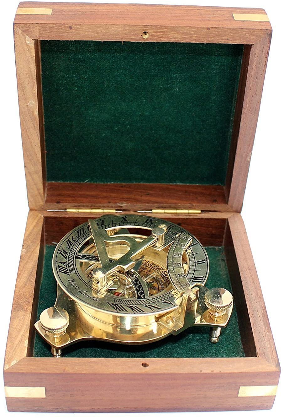Vintage Marine Brass Sundial Antique Compass w/Wooden Box Old London Sailor Gift 