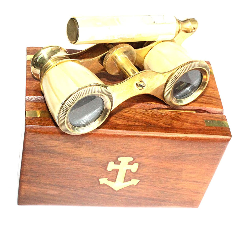 Antique vintage brass mother of pearl binocular telescope with leather box gift 