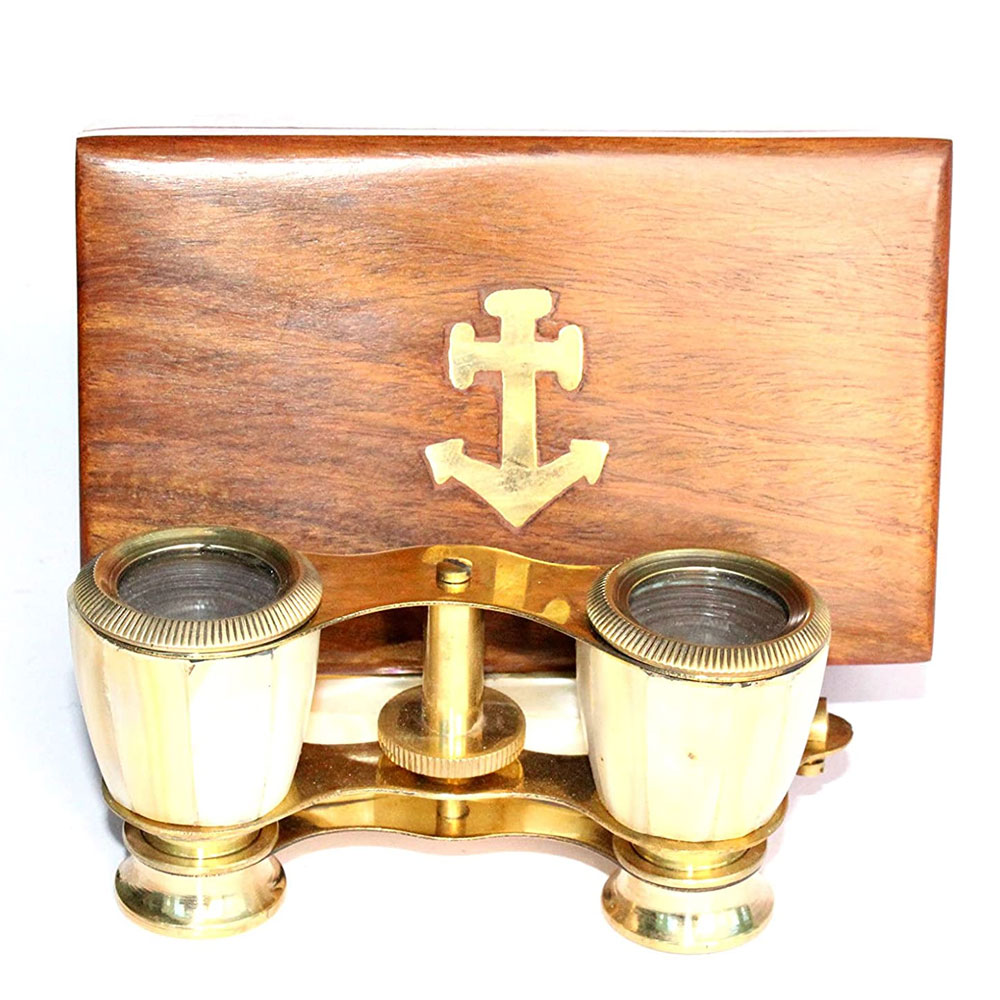 VINTAGE BRASS MOTHER OF PEARL BINOCULAR CLASSIC OPERA GLASSES WITH WOODEN BOX 