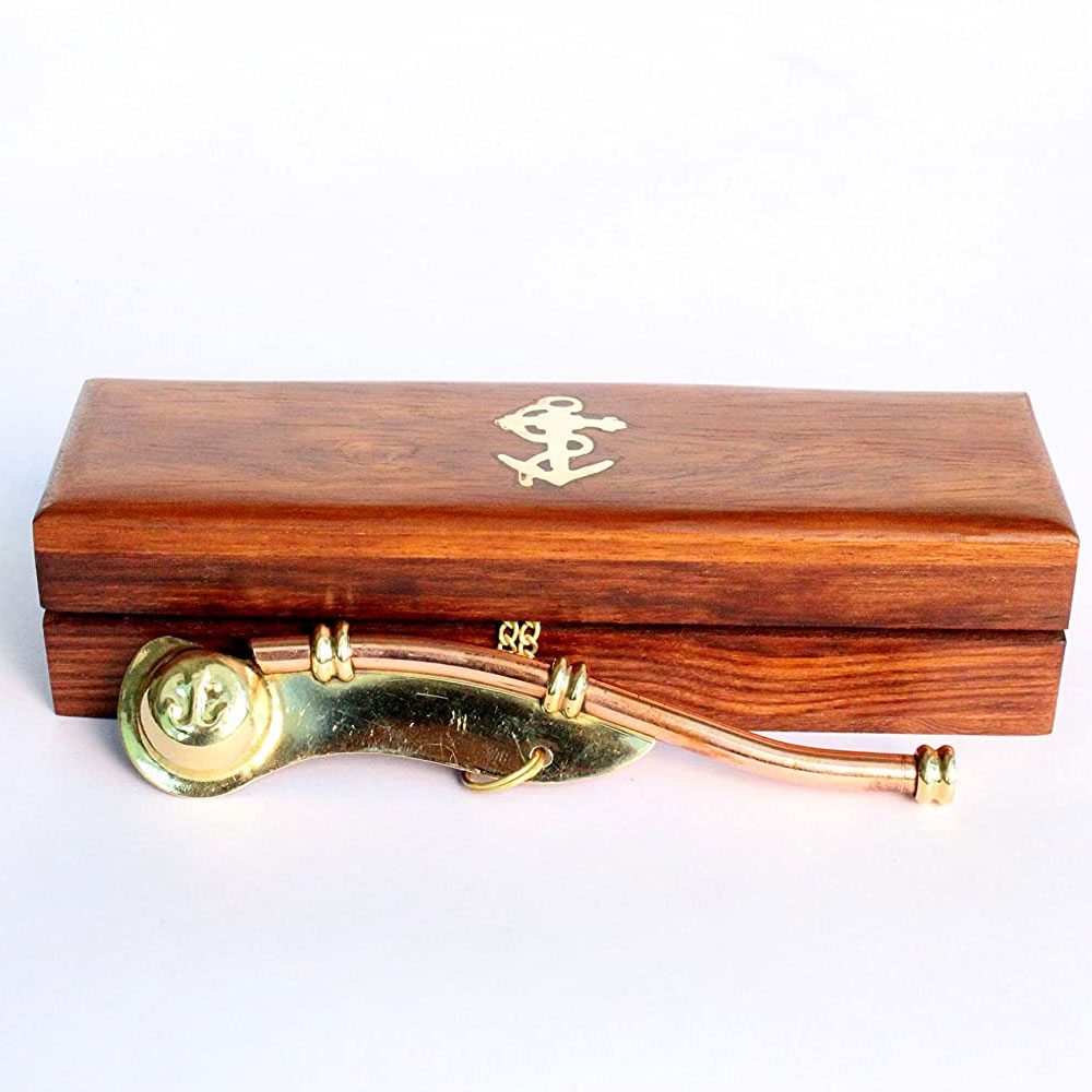 Brass Boatswain Navy Ship Bosun's Whistle Chain W/Nautical Designer Wooden Box 