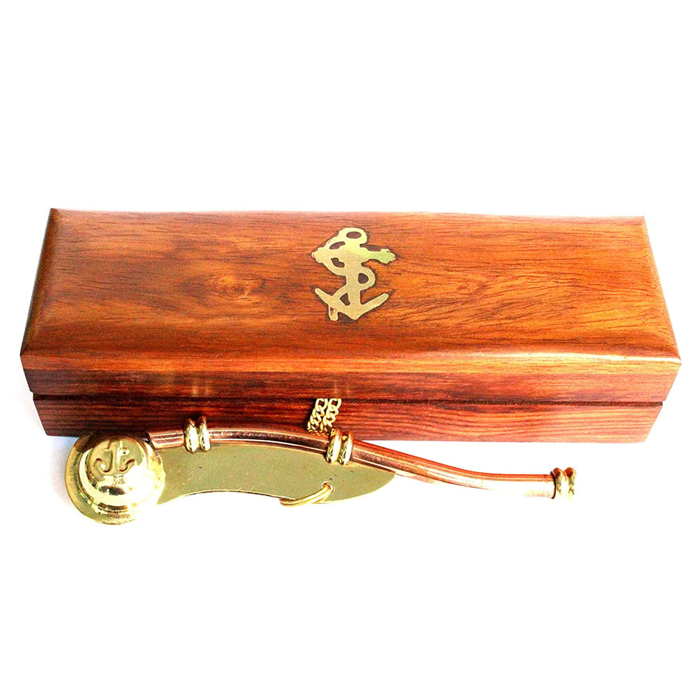 Details about   Maritime Brass/Copper Boatswain Whistle Call Pipe With Wooden Box Halloween Gift 