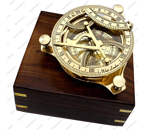 Details about   Nautical Antique Brass 4" West London Sundial Compass With Wooden Box 