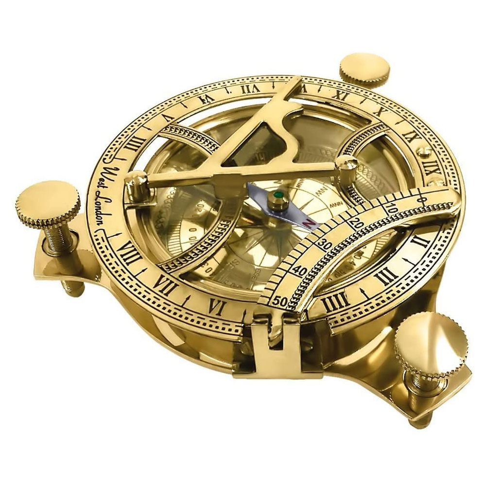 Solid Brass Sundial Compass With Hardwood Box 