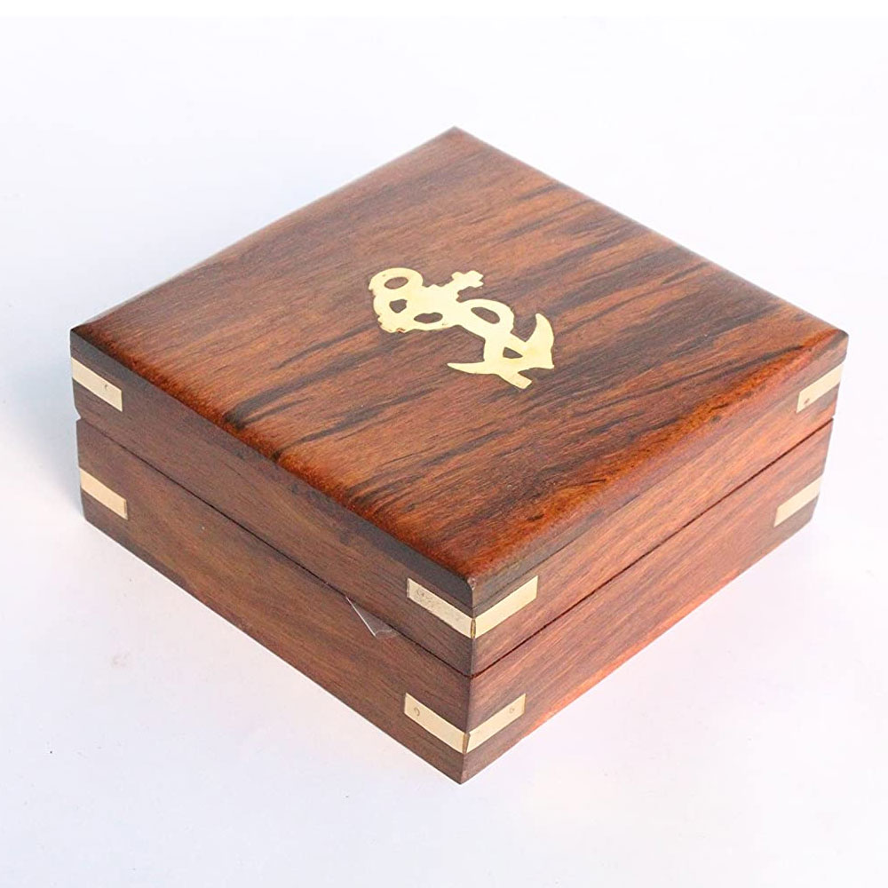 Captain Brass Sundial Compass with Hardwood Wooden Box 3