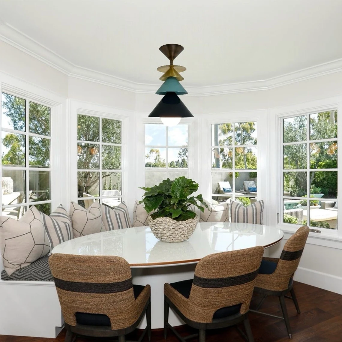 Modern Brass Bell Flush Mount Light Fixture Multicolor Finish with Milk Glass Shade.