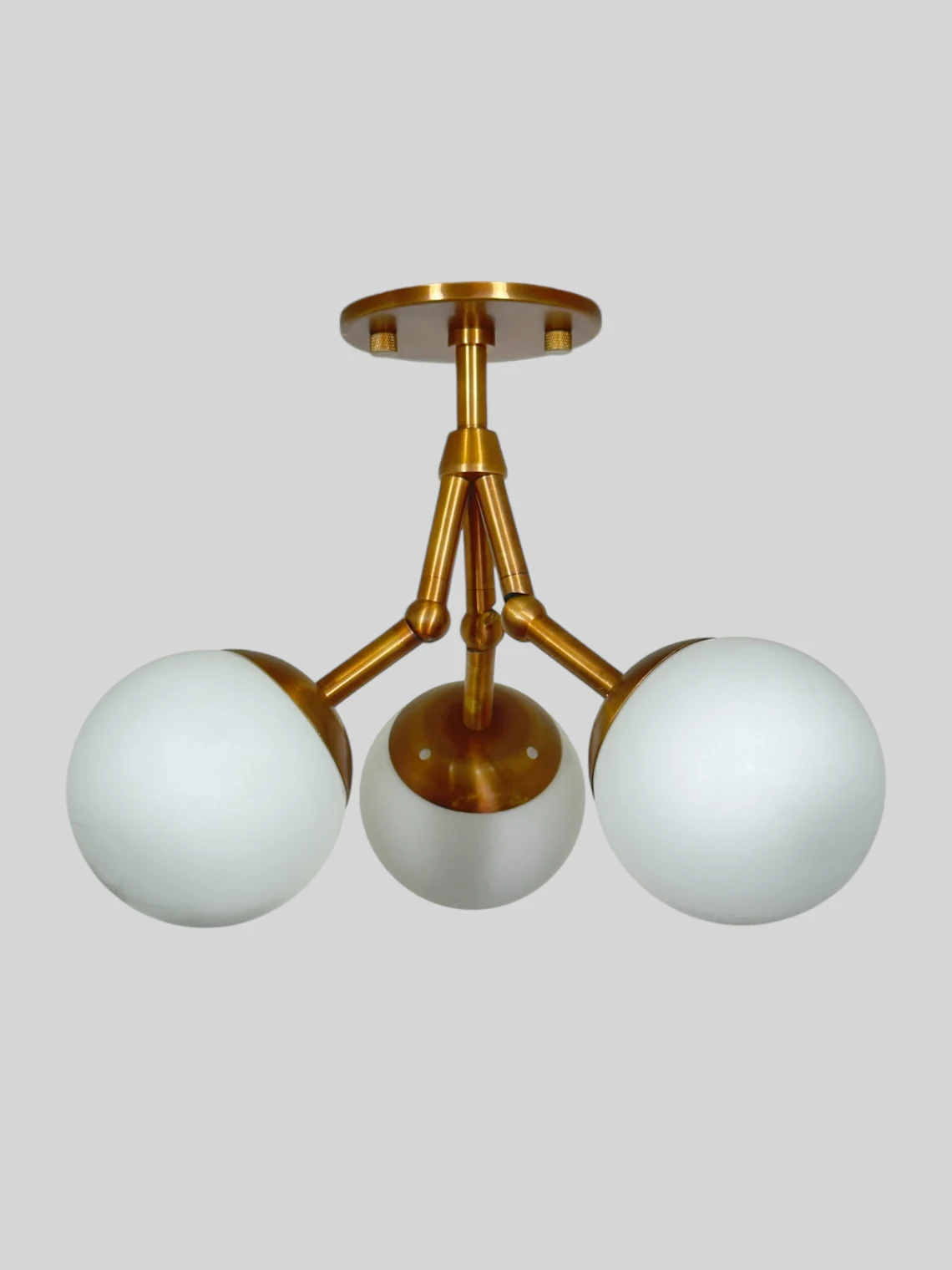 Handmade Brass Flush Mount Light: Milk Glass Shade, Antique Finish