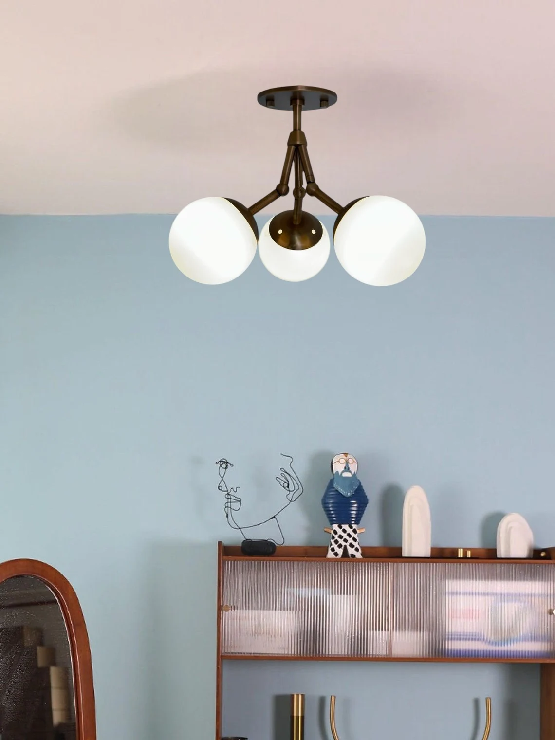 Handmade Brass Flush Mount Light: Milk Glass Shade, Antique Finish