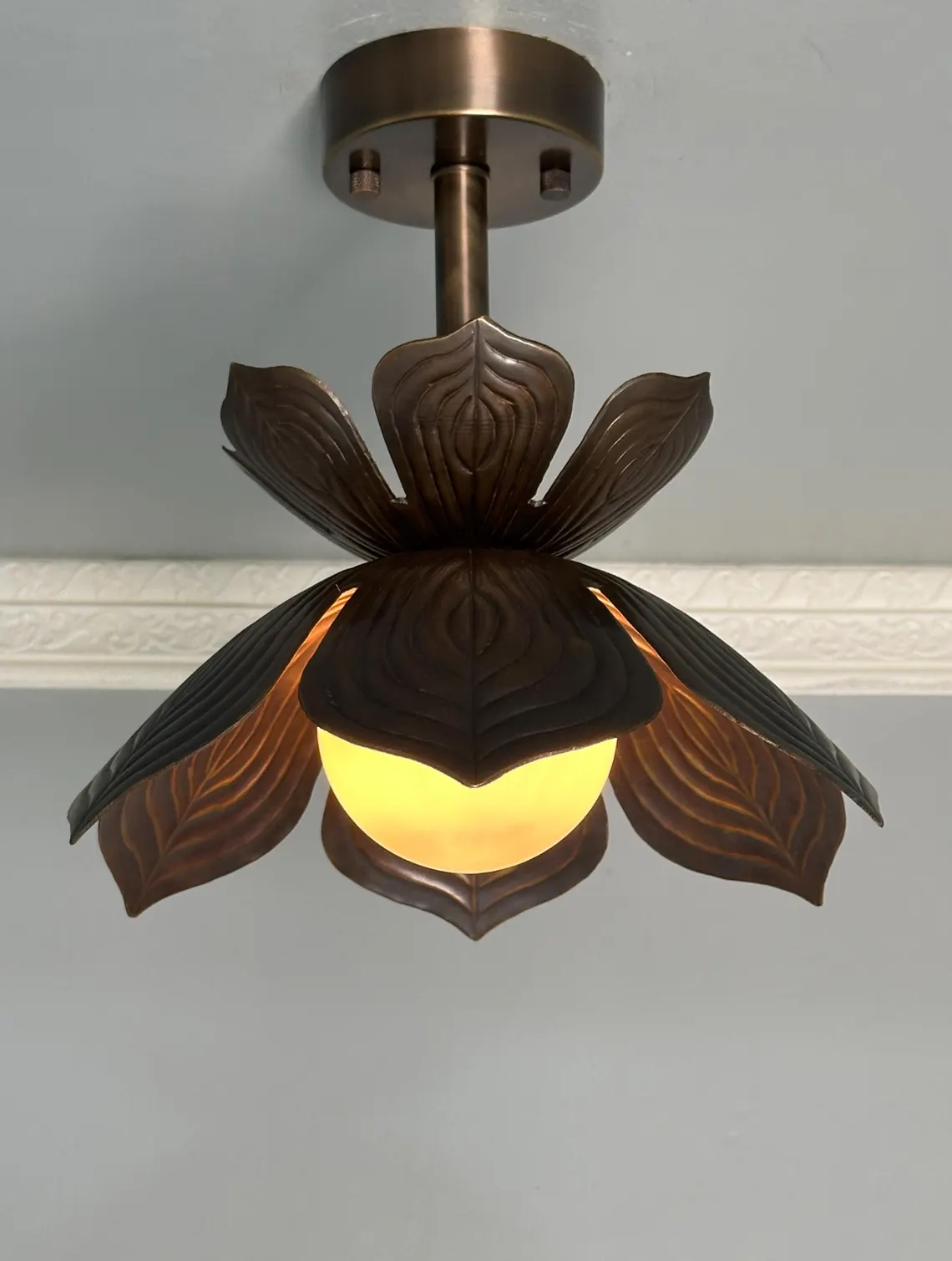 Floral Brass Ceiling Light – Flush Mount Fixture with Frosted Globe