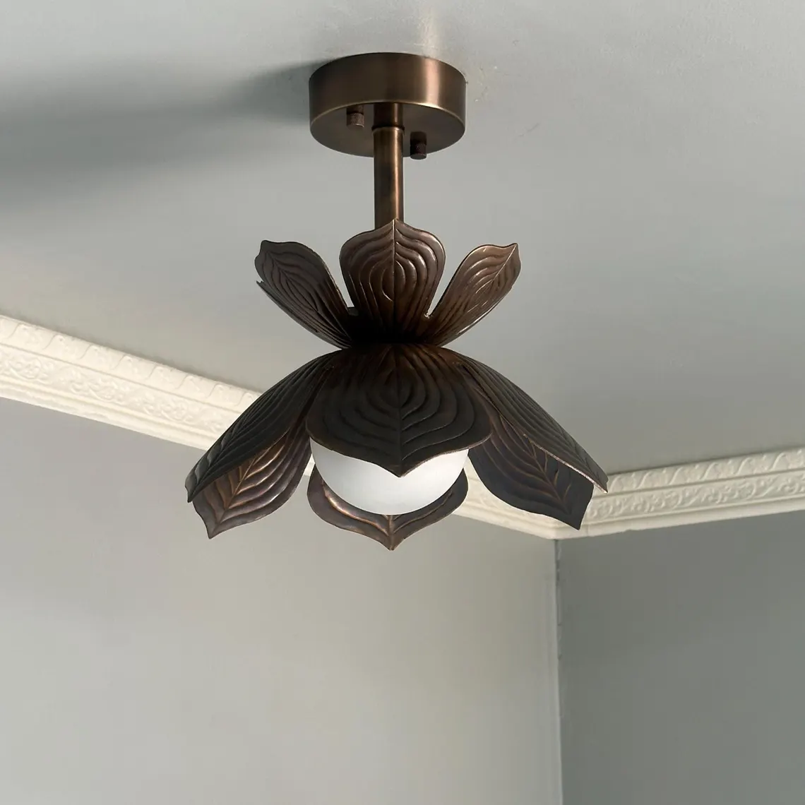 Floral Brass Ceiling Light – Flush Mount Fixture with Frosted Globe