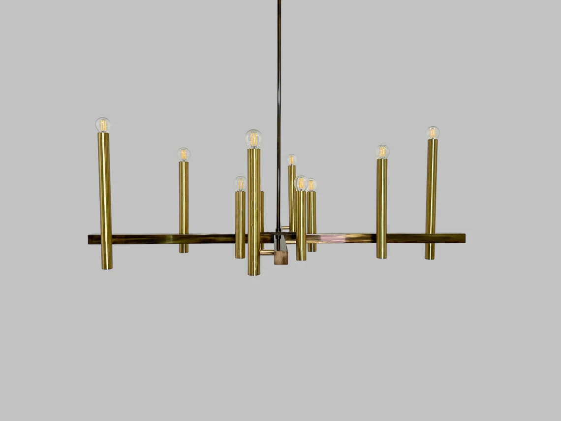 Handmade Raw Brass 10-Light Chandelier: Art Deco Light Fixture