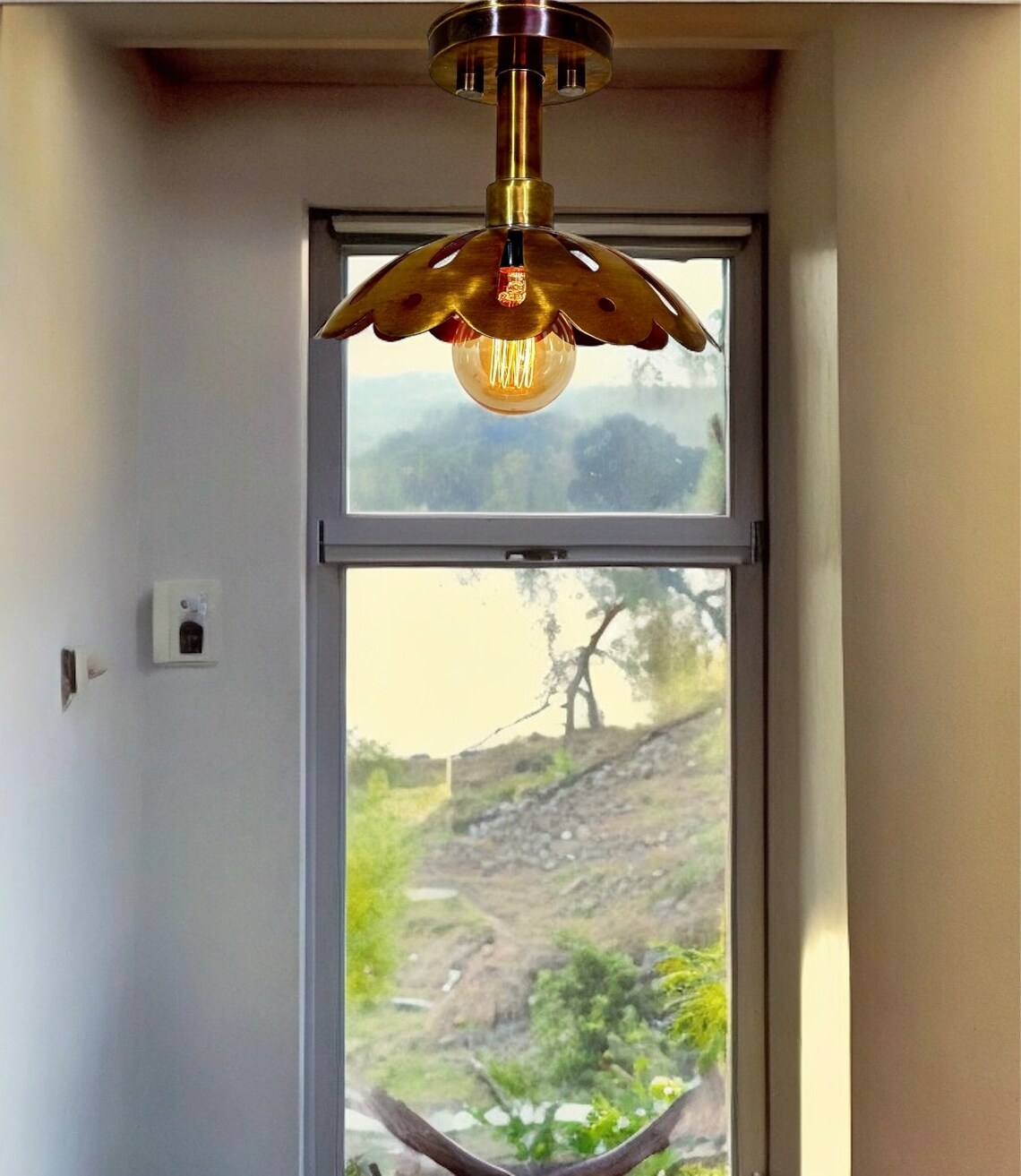 Handmade Raw Brass Flush Mount Ceiling Light: Mid Century Modern Flower Pendant