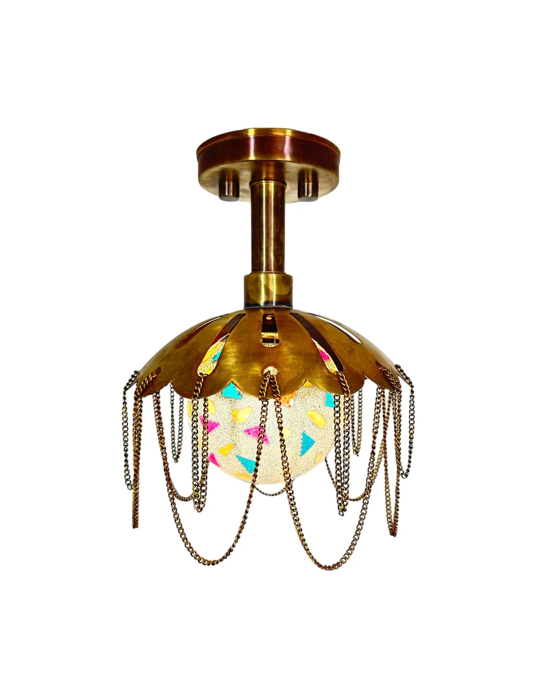 Handmade Brass Flush Mount Light: Multicolor Glass Shade, Antique Finish