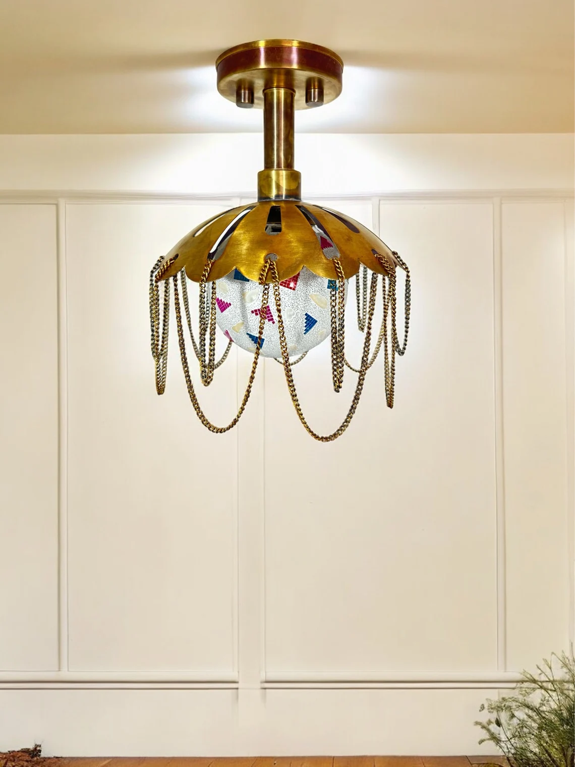 Handmade Brass Flush Mount Light: Multicolor Glass Shade, Antique Finish