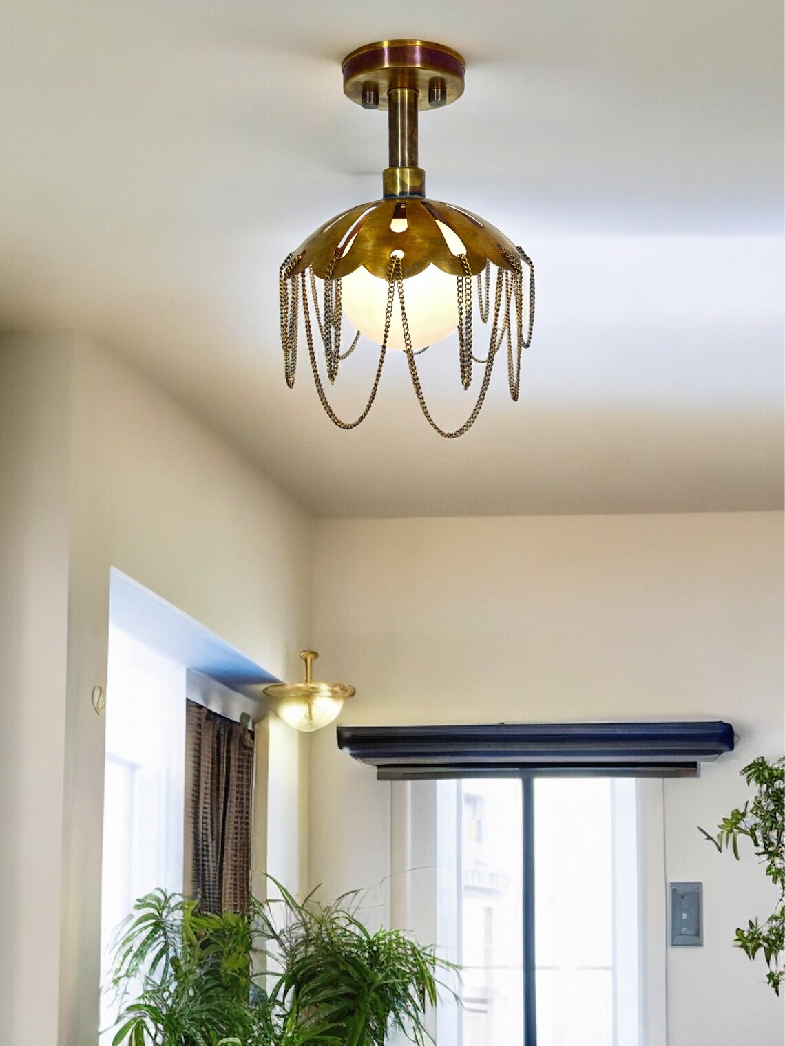 Handcrafted Flower Style Flush Mount Raw Brass, Milk Glass Shade