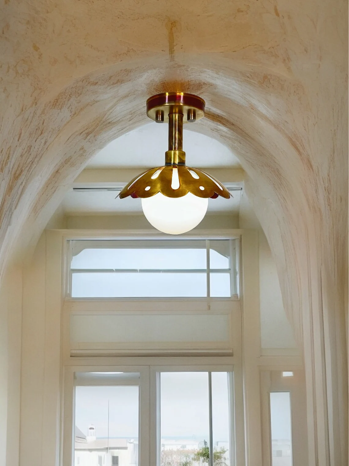 Handmade Flower Brass Flush Mount Light: Antique Milk Glass Shade