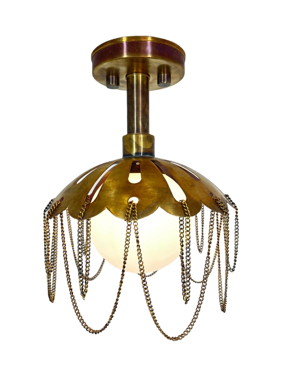 Handcrafted Flower Style Flush Mount Raw Brass, Milk Glass Shade