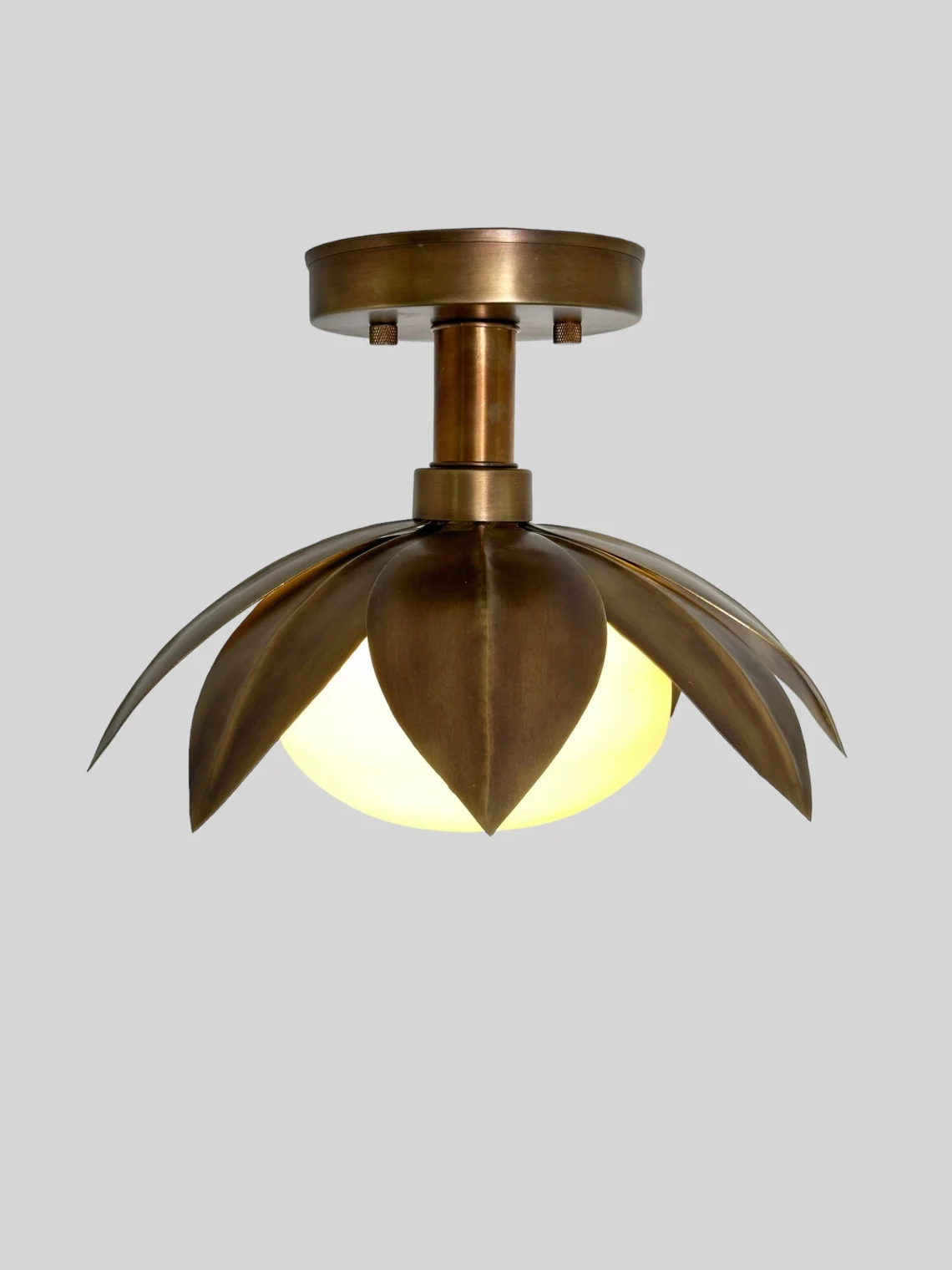 Handmade Brass Flower Flush Mount Light: Antique Milk Glass Shade