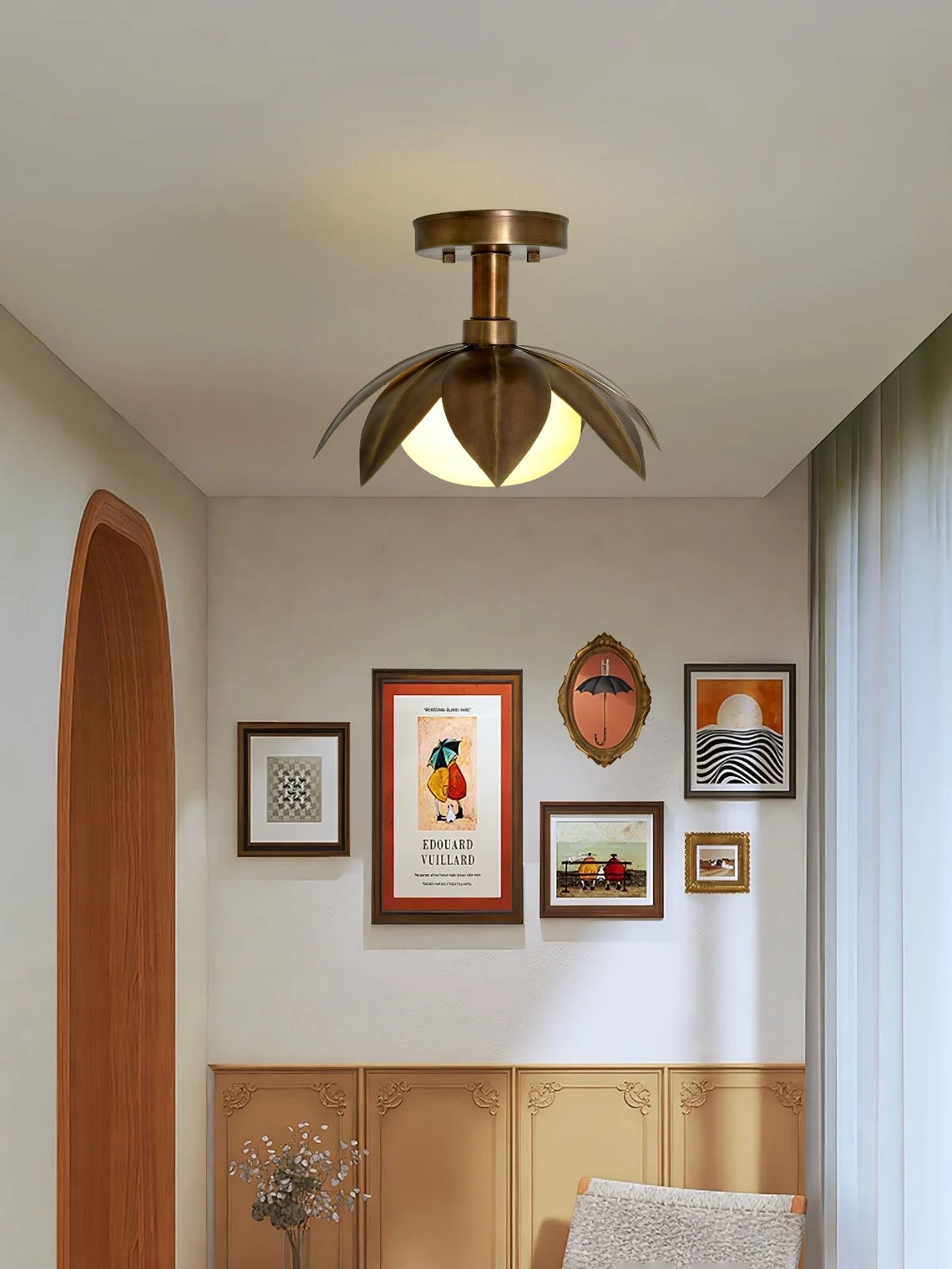 Handmade Brass Flower Flush Mount Light: Antique Milk Glass Shade