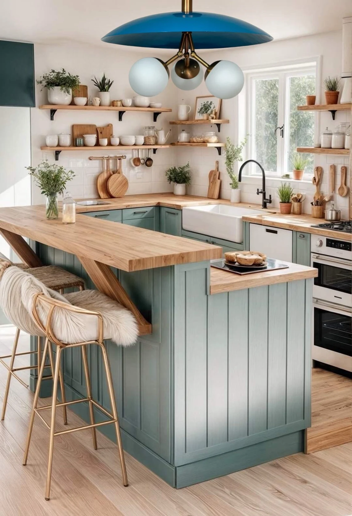 Handmade Brass Flush Mount Ceiling Light: Ocean Blue Shade, Milk Glass