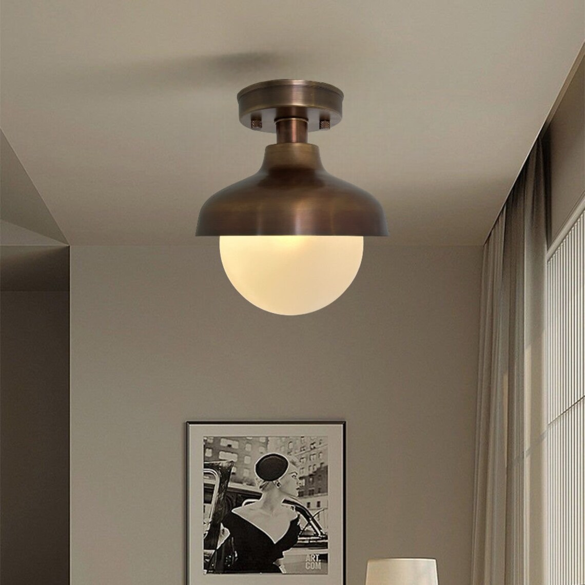 Handmade Brass Flush Mount with Antique Finish – Vintage Milk Glass Shade