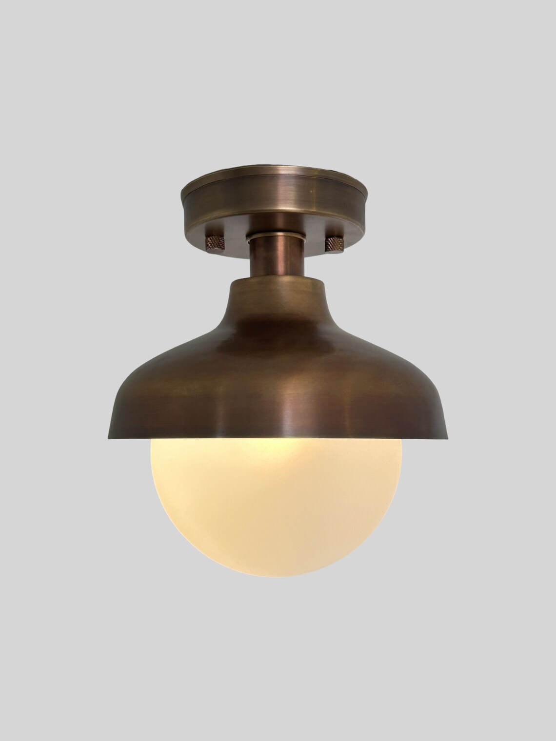 Handmade Brass Flush Mount with Antique Finish – Vintage Milk Glass Shade