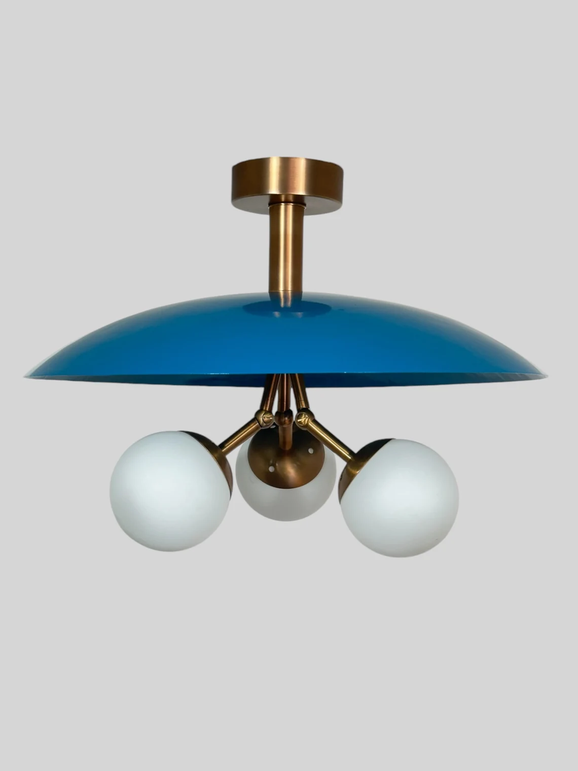 Handmade Brass Flush Mount Ceiling Light: Ocean Blue Shade, Milk Glass