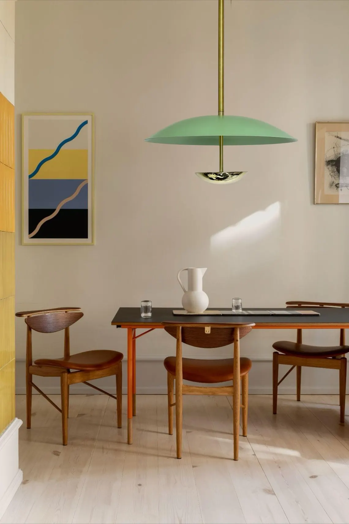 Handcrafted Mid Century Modern Chandelier: Mint Green & Polished Brass