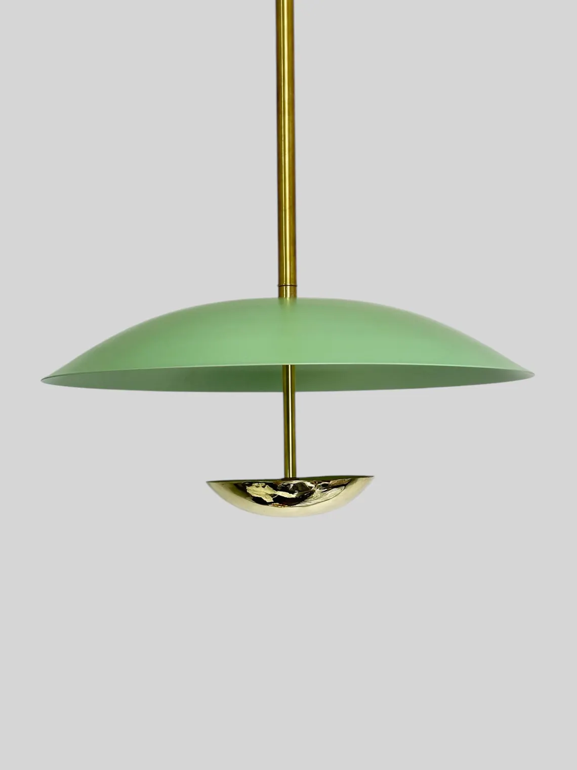 Handcrafted Mid Century Modern Chandelier: Mint Green & Polished Brass