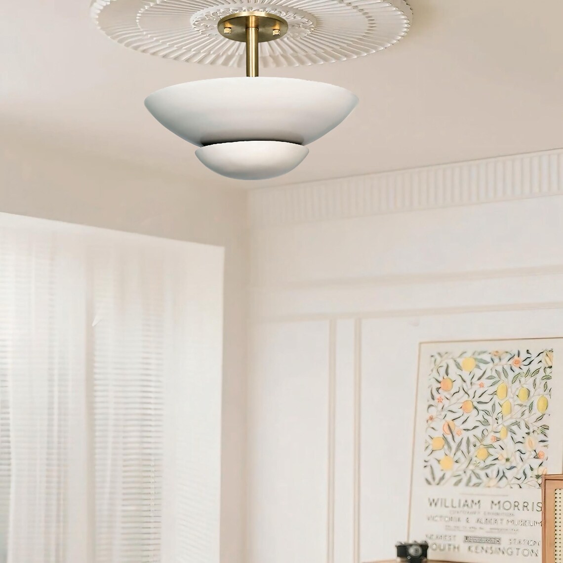 Handcrafted Cream Flush Mount Lamp: Brass & Metal, Low Ceiling Lighting