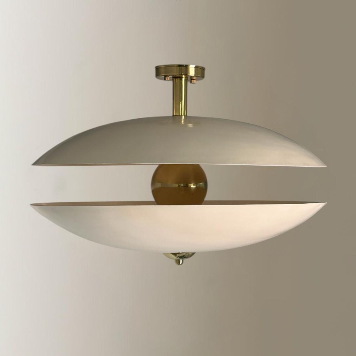 Handmade Cream & Polished Brass Flush Mount Ceiling Lamp
