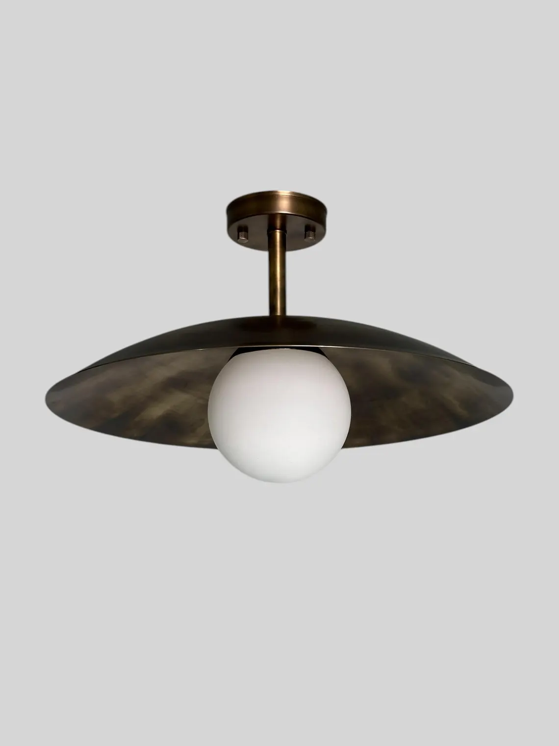 Handmade Brass Flush Mount Lamp: Milk Glass Shade, Antique Finish