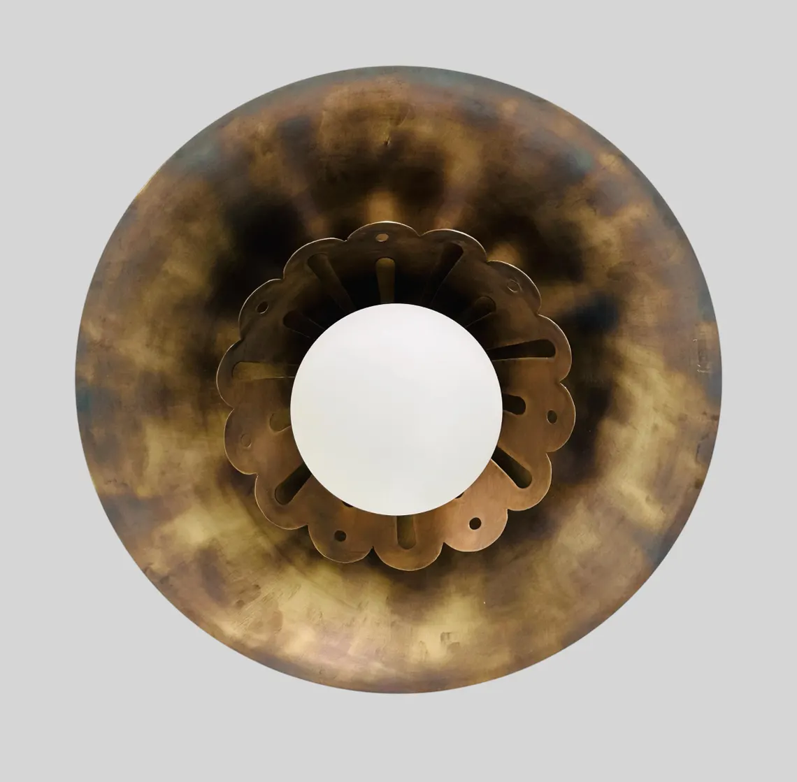 Handmade Brass Flush Mount Lamp: Milk Glass, Antique Finish