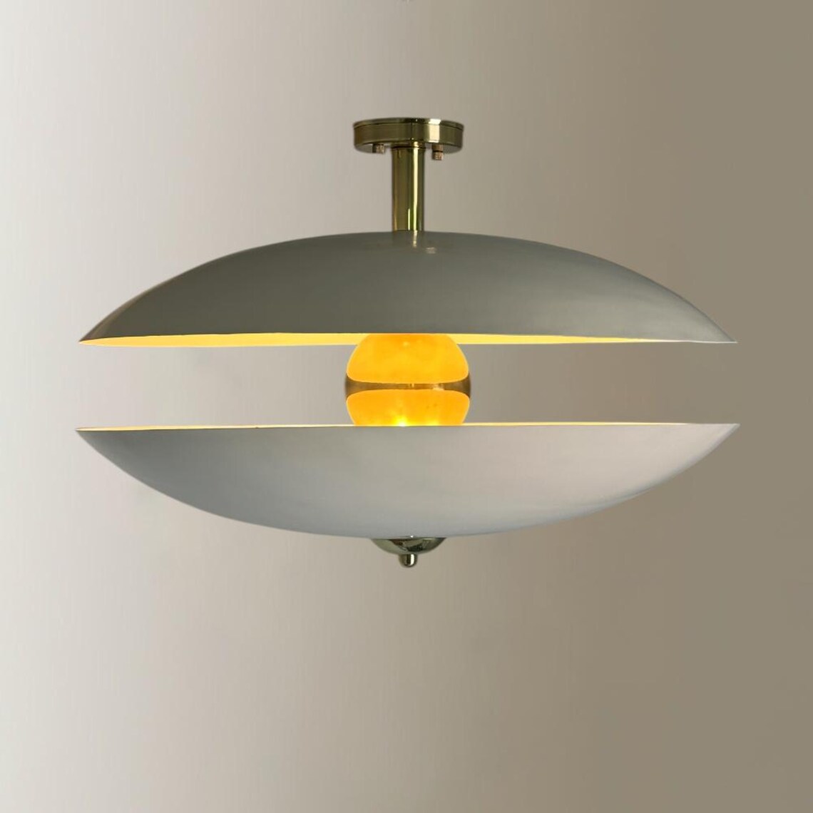Handmade Cream & Polished Brass Flush Mount Ceiling Lamp