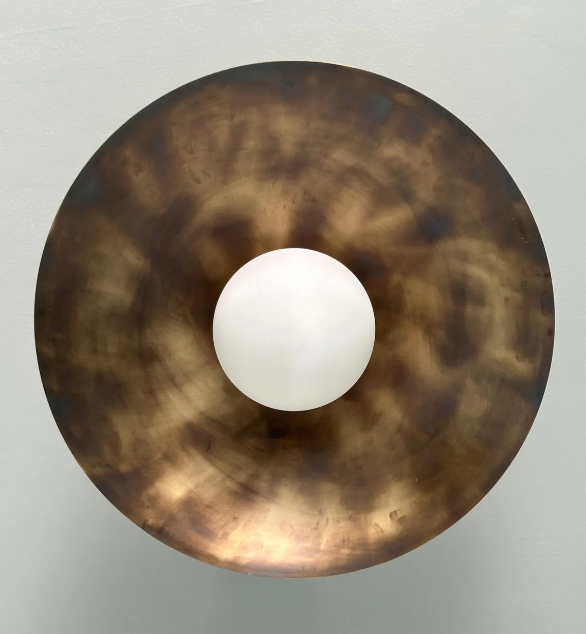 Handmade Brass Flush Mount Lamp: Milk Glass Shade, Antique Finish