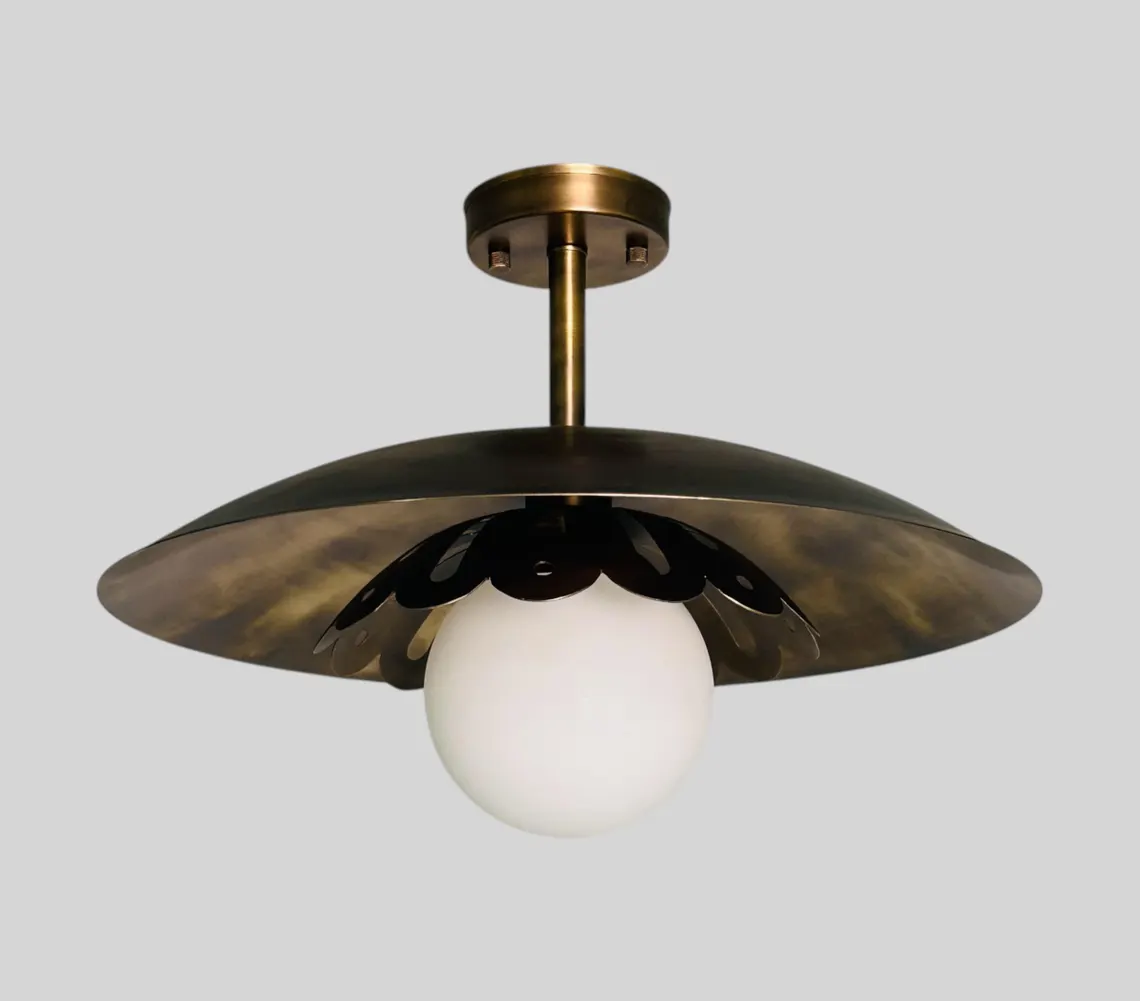 Handmade Brass Flush Mount Lamp: Milk Glass, Antique Finish