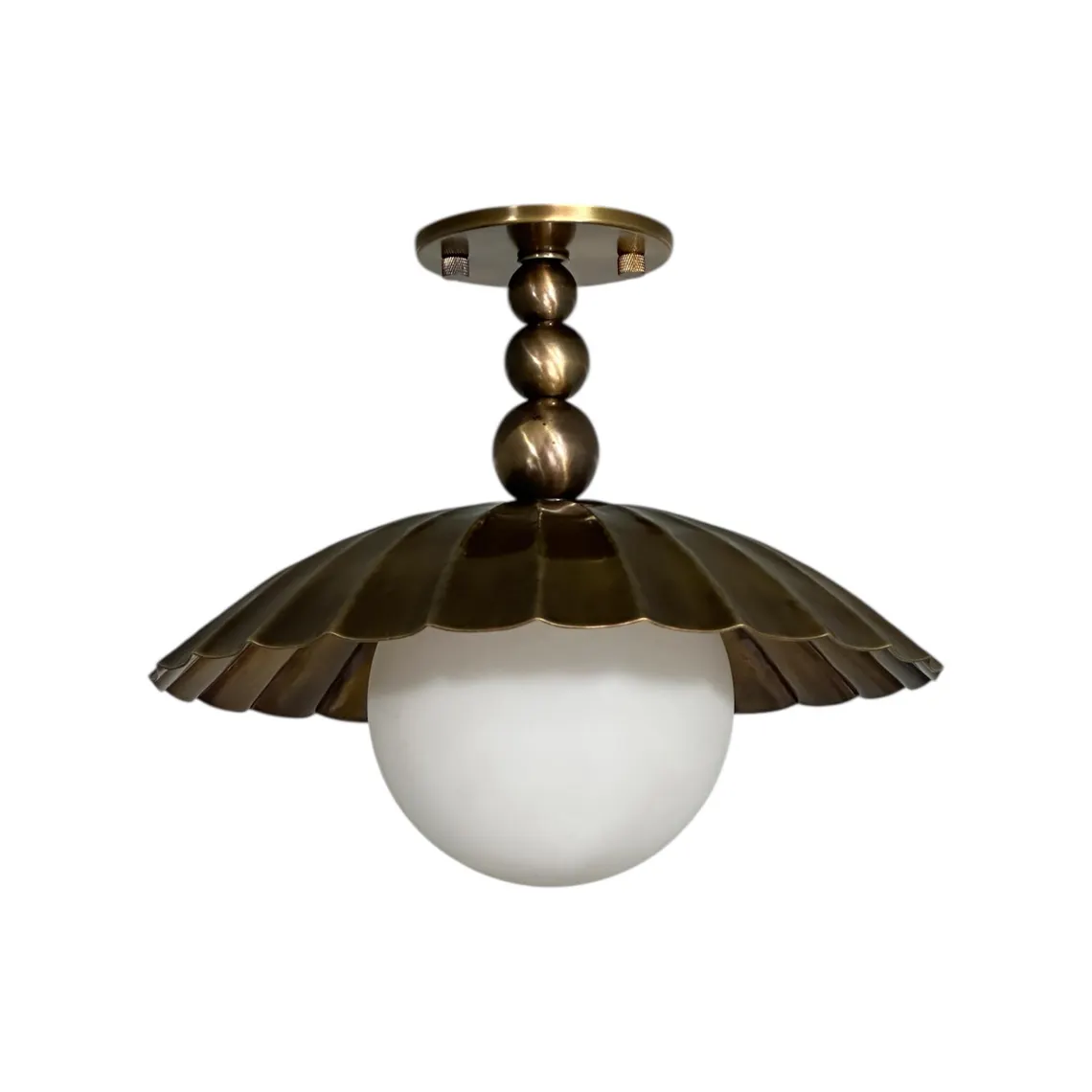 Handcrafted Brass Flush Mount Ceiling Light: Scalloped Globe, Mid-Century Modern Light