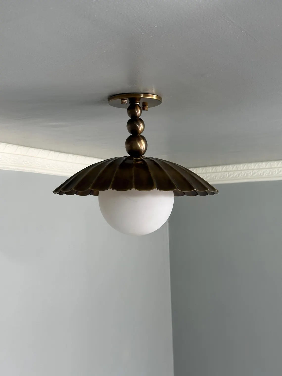 Handcrafted Brass Flush Mount Ceiling Light: Scalloped Globe, Mid-Century Modern Light