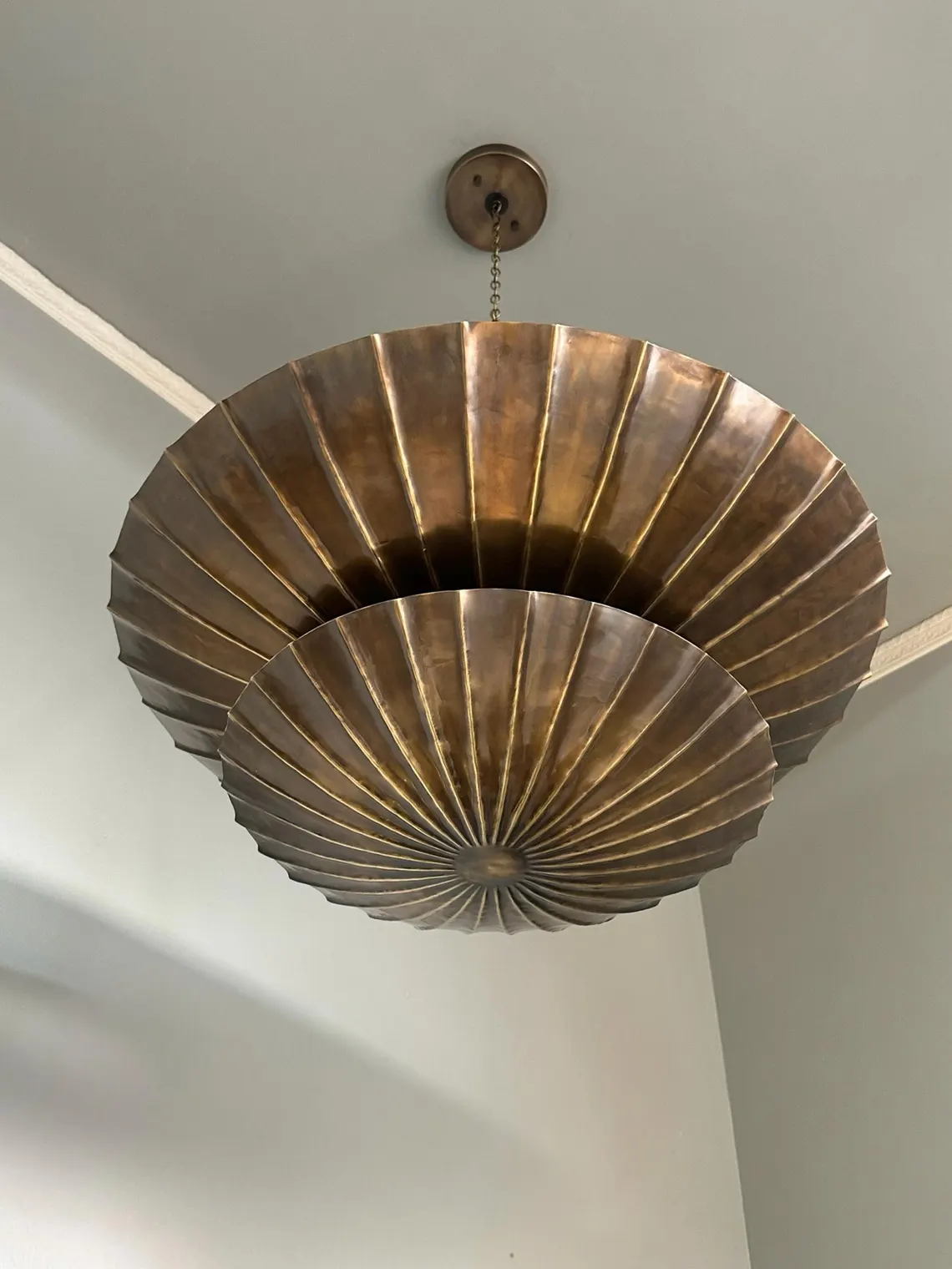 Vintage Brass Shell Pendant Chandelier – Two-Tier Mid-Century Modern Ceiling Light Fixture