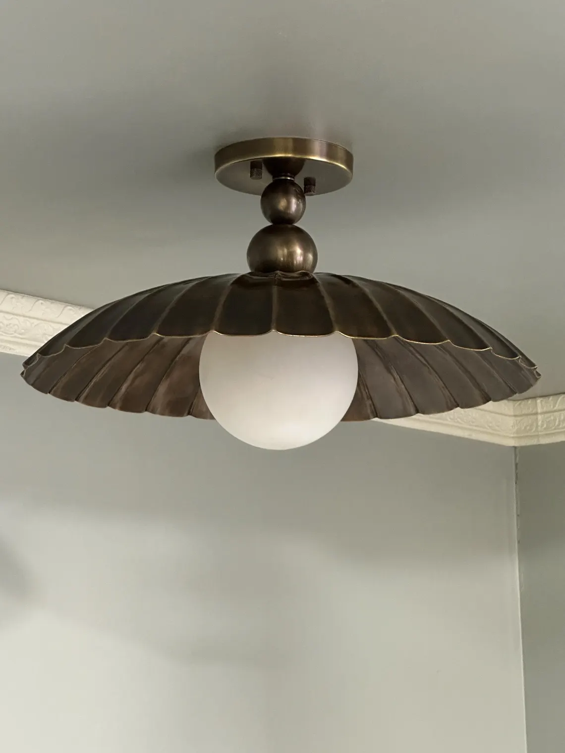 Elegant Brass Flush Mount Ceiling Light – Scalloped Dome Shade with Globe Bulb