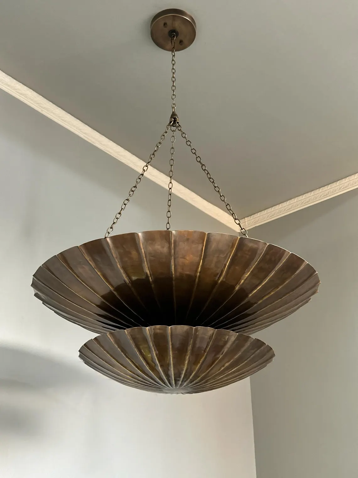 Vintage Brass Shell Pendant Chandelier – Two-Tier Mid-Century Modern Ceiling Light Fixture