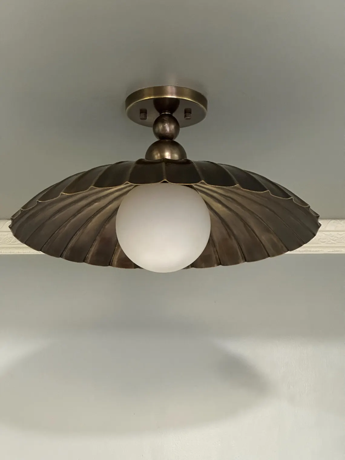 Elegant Brass Flush Mount Ceiling Light – Scalloped Dome Shade with Globe Bulb
