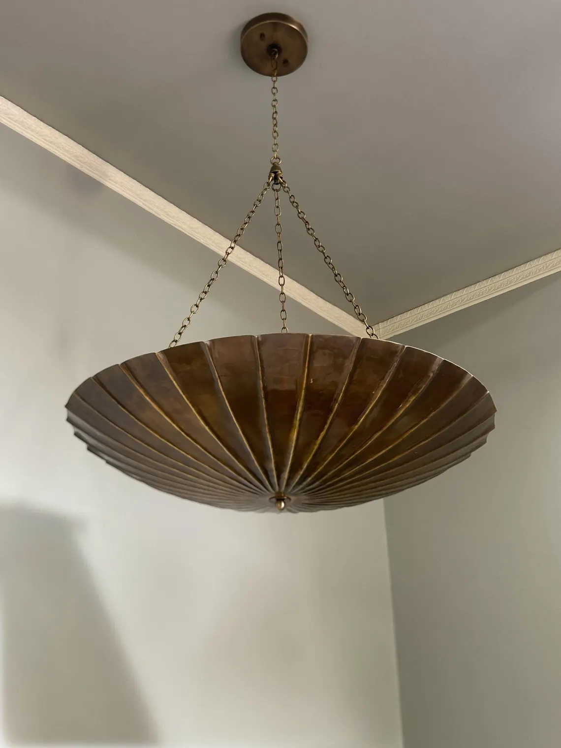 Large Brass Chandelier Pendant Light – Scalloped Bowl Hanging Fixture – Vintage Inspired Chain Light