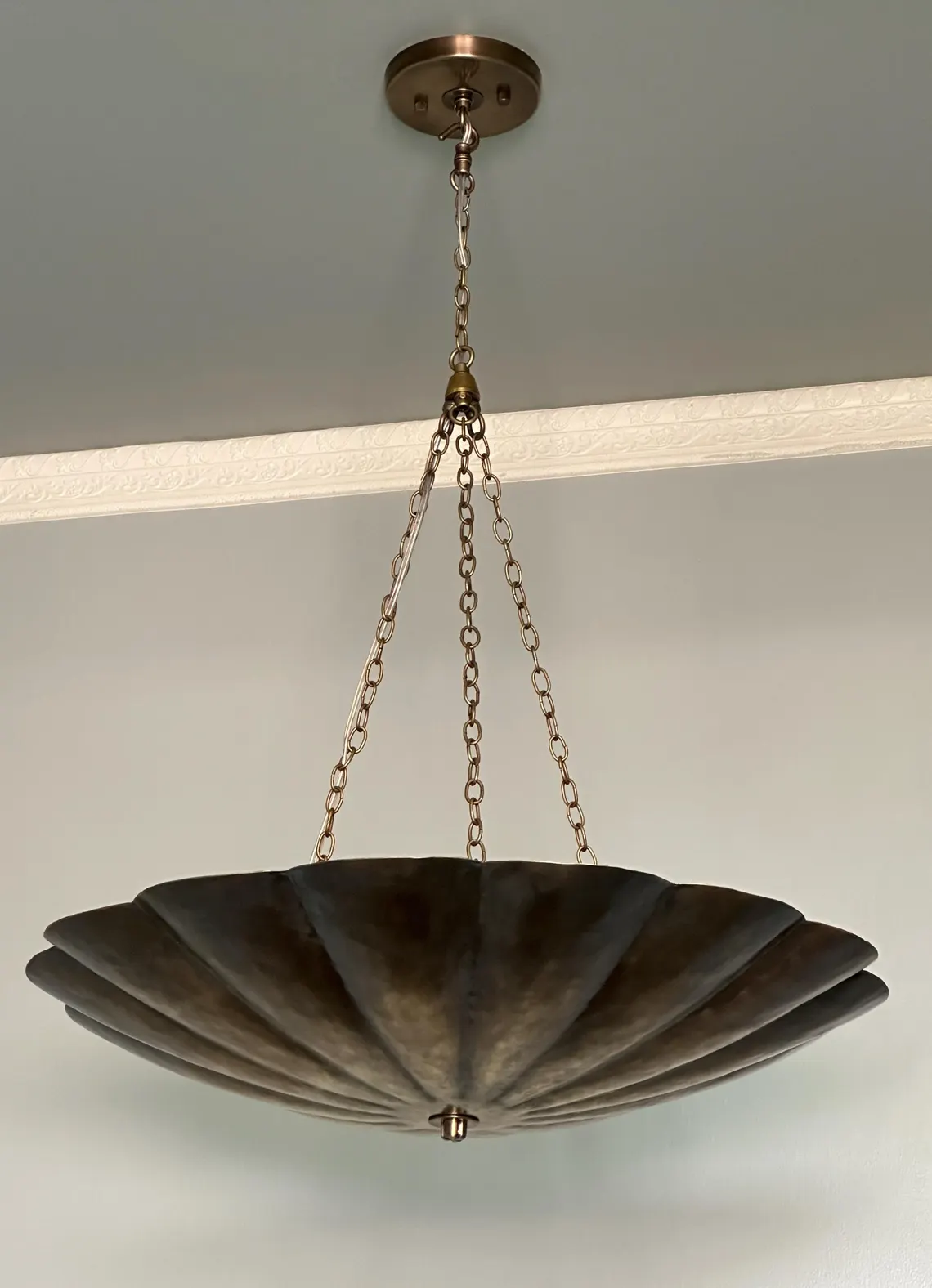Brass Chandelier Pendant Light – Scalloped Bowl Hanging Fixture – Vintage Inspired Chain Light