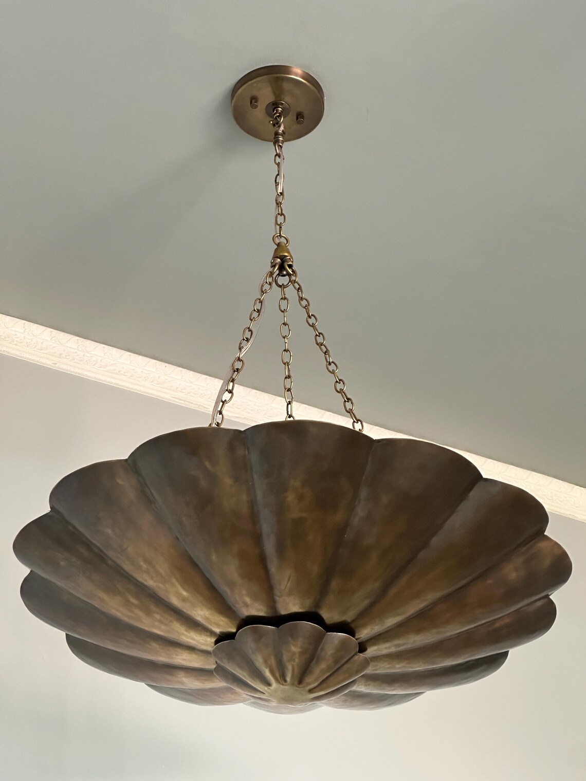 Brass Dual Shade Chandelier Pendant Light – Scalloped Bowl Hanging Fixture – Vintage Inspired Chain Light