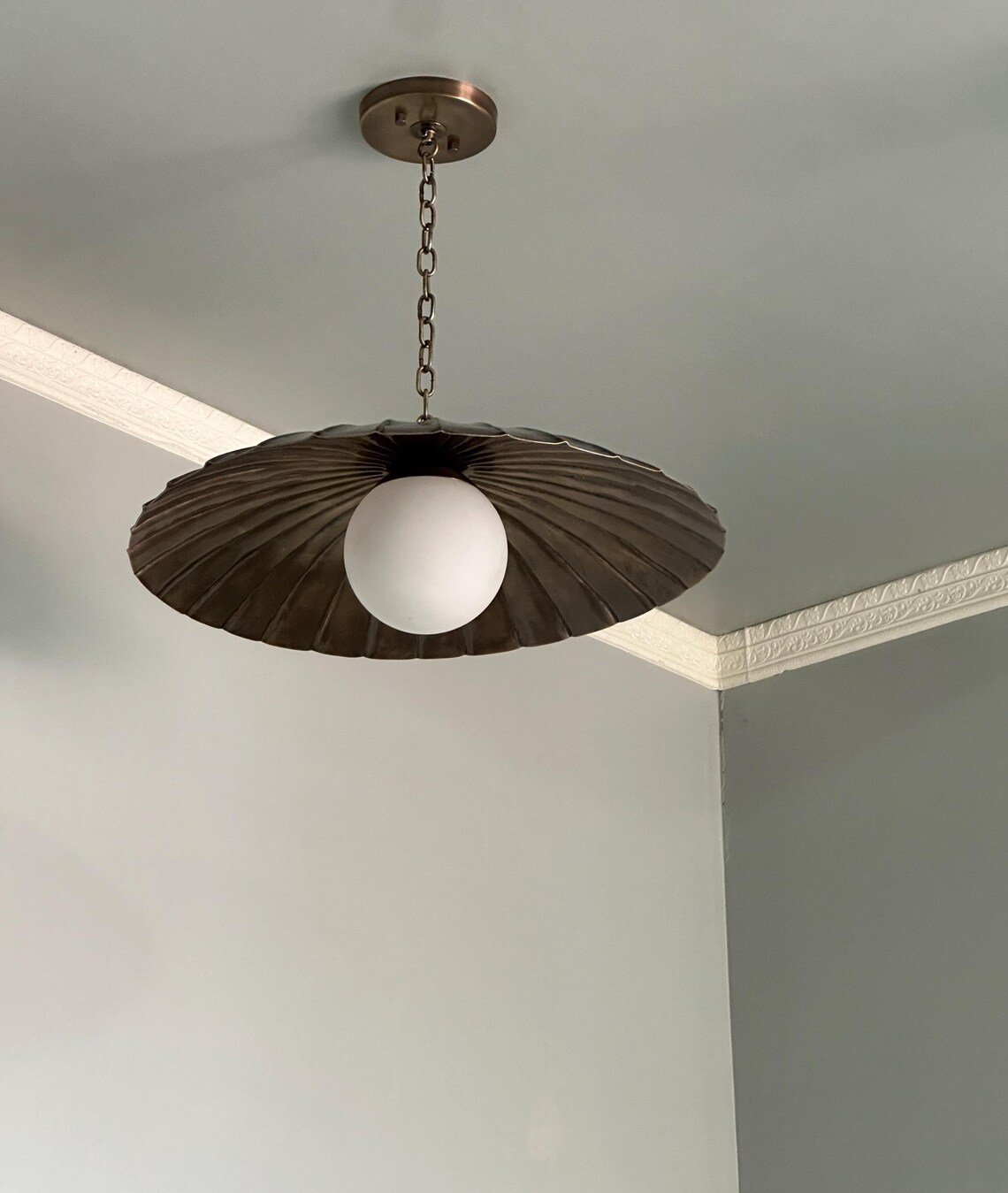 Brass Flush Mount Ceiling Light with Adjustable Chain and Milk Glass Globe