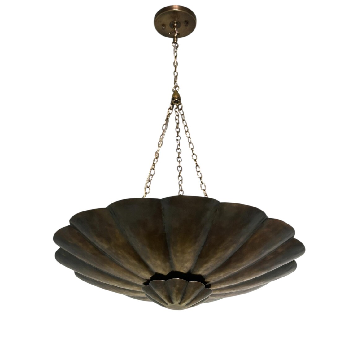 Brass Dual Shade Chandelier Pendant Light – Scalloped Bowl Hanging Fixture – Vintage Inspired Chain Light