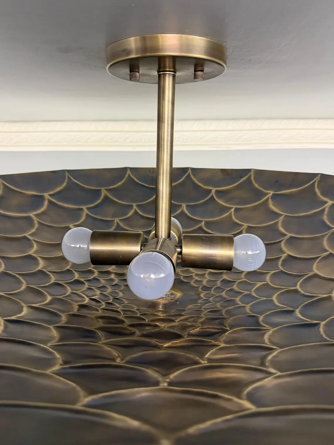 Brass Flush Mount Ceiling Light | Antique Scalloped Fish Scale Style Fixture